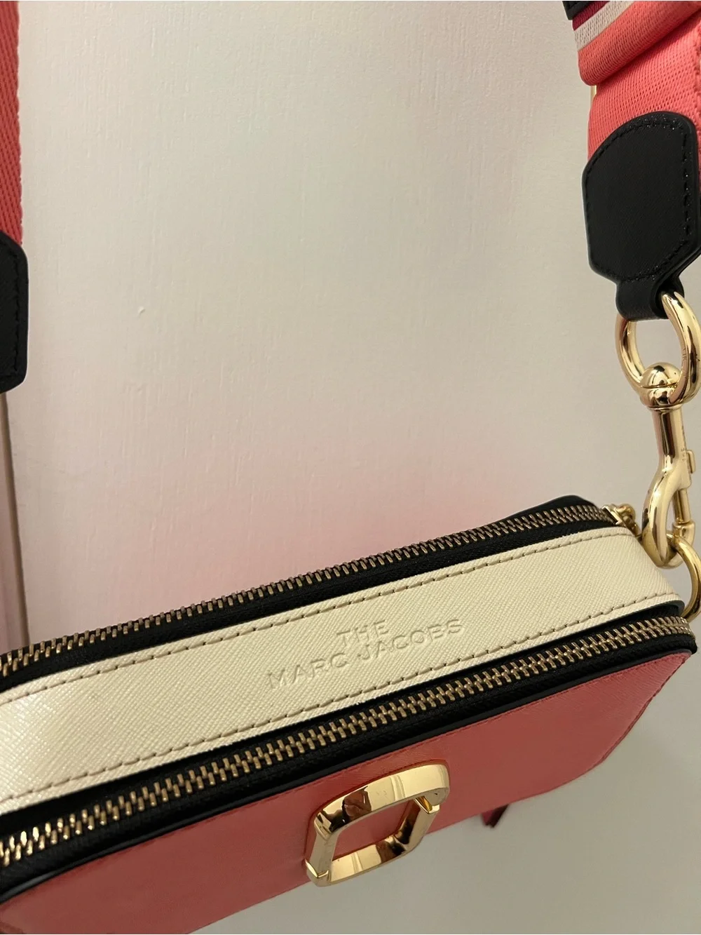 Marc Jacobs Coral-Pink Crossbody Camera Bag with Striped Strap